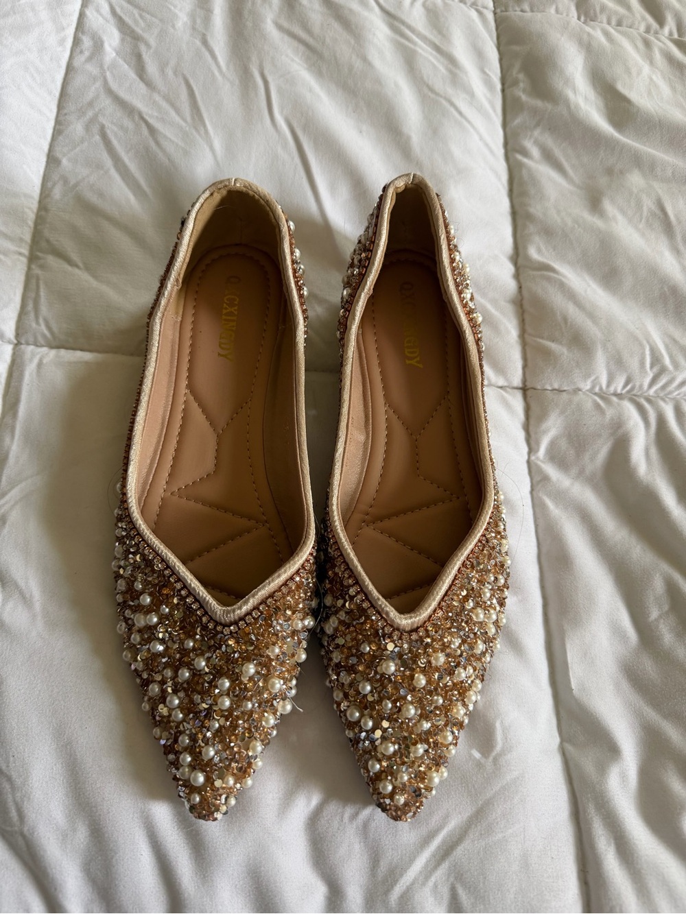 Embellished Pearl Pointed Toe Flat - Champagne - Picture 5 of 14